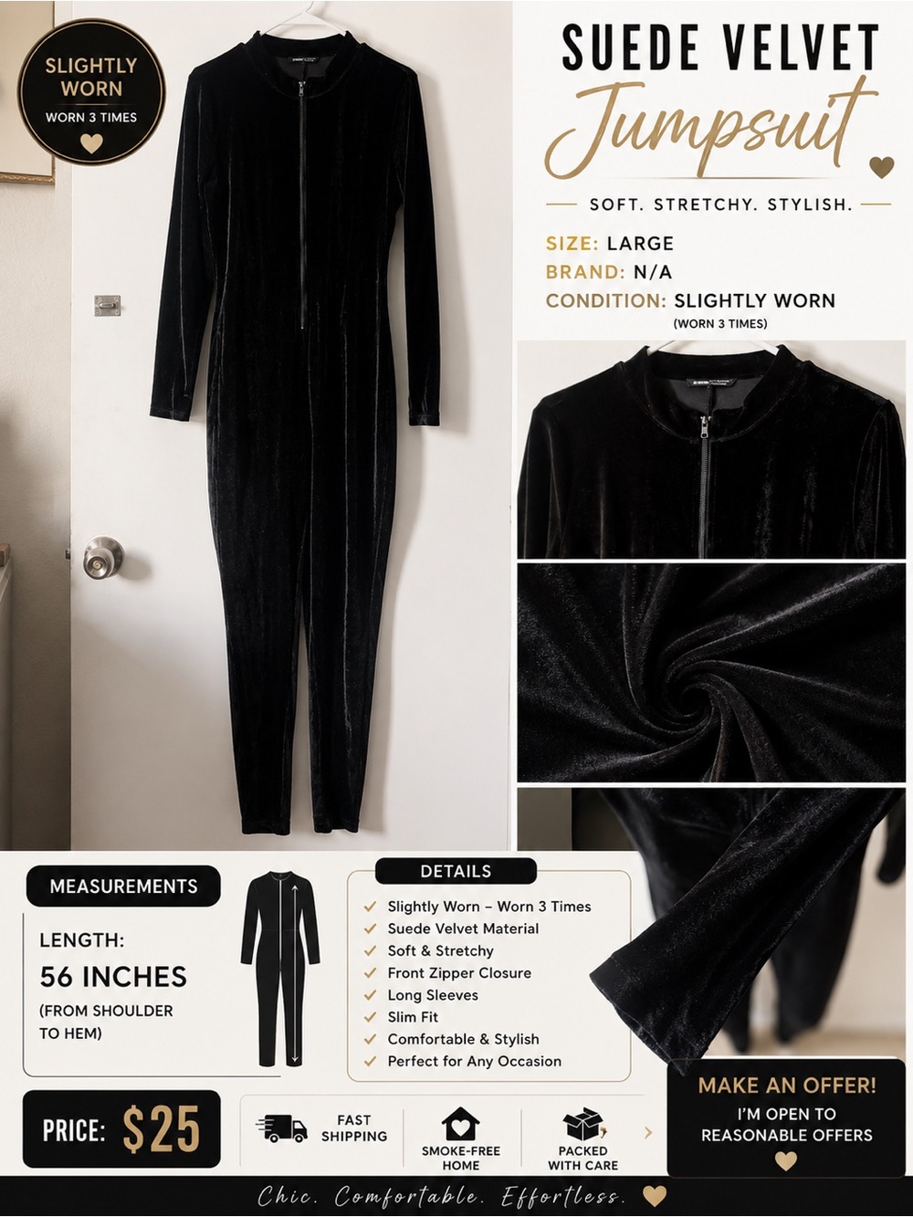 SHEIN Black Suede Velvet Long-Sleeve Jumpsuit with Front Zipper
